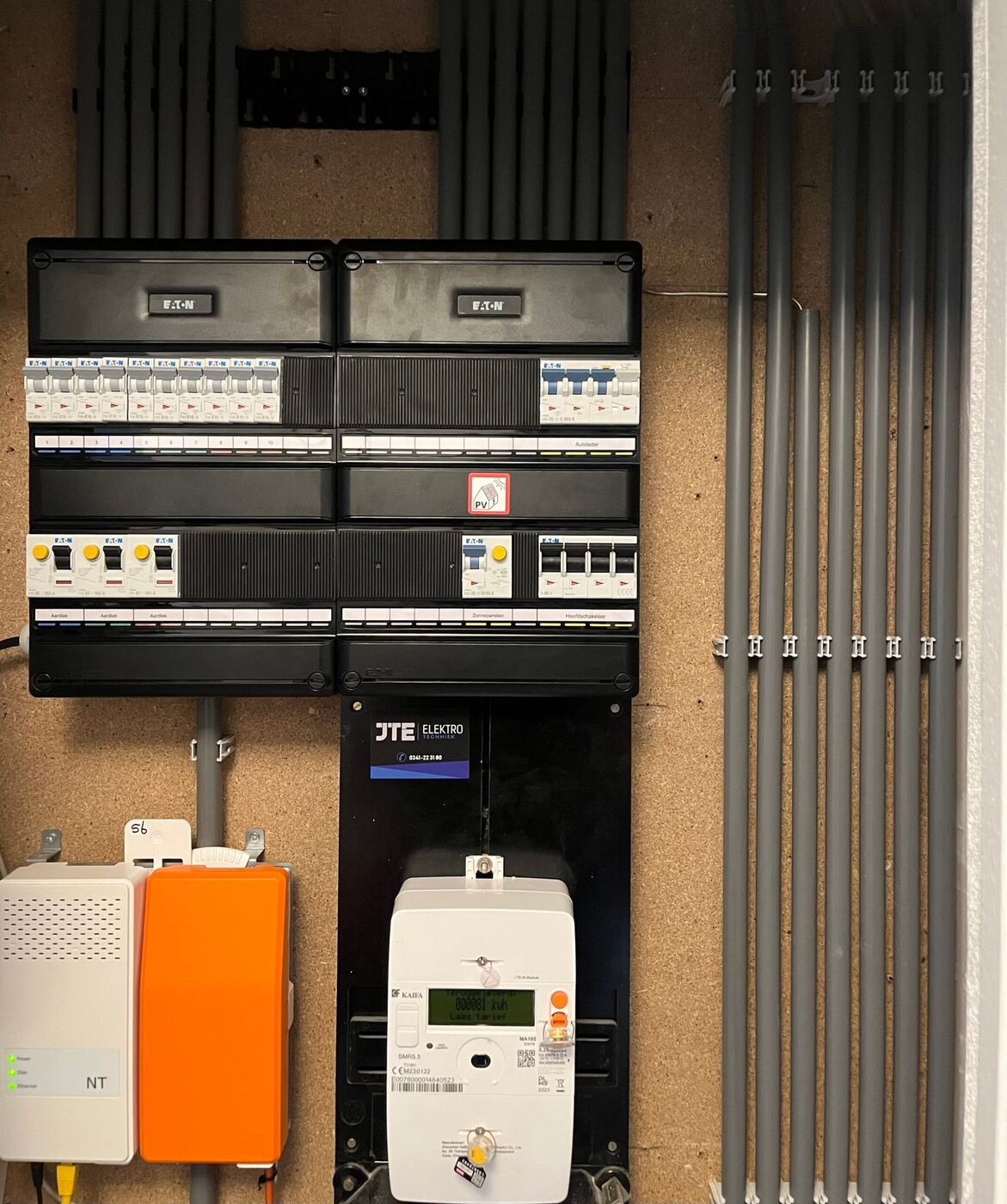 Nieuwe groepenkast met aparte aansluiting, gemonteerd op een houten achterwand